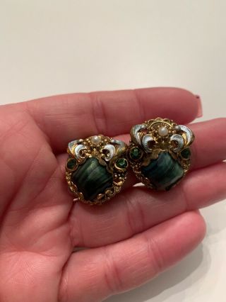 Vintage Gold Tone Green Germany Glass Stone Cluster Clip On Earrings