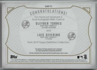 2019 Topps Definitive Luis Severino Gleyber Torres Yankees Dual Patch AUTO 19/35 2