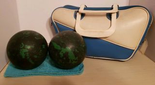 2 Vtg.  Duckpin Bowling Balls Black Green Swirls And Blotches With Bag Blue/white