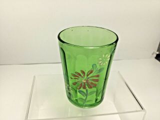 Vintage,  4.  " Green Hand Painted Floral Design Drinking Glass