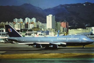 1995 - Hong Kong Kodak Photo Slide - United B747 - Kai Tak Airport Hkg