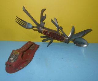 Vintage Multi Purpose Knife Tool Made In Japan Fork Spoon Scissors Wood Handle