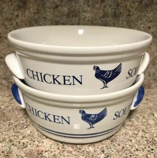 Set Of 2 Vintage Ftda Chicken Soup Bowls White Blue Chili Cereal Ceramic 1985