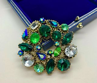Vintage Jewellery Signed Weiss Sparkling Green/clear Crystal Brooch/pin