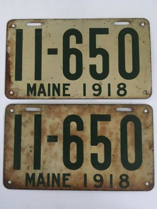 1918 Maine License Plate Pair Plates Flat All Paint Ford Model T Year