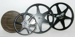3 Vintage 8mm Film Reels Metal - 1 W/can (zayre) 5 " - 2 No Can 7 " - Woodgrain Dbox1