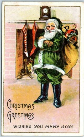 Vintage Christmas Santa Claus Postcard Green Suit Bag Of Toys Fireplace C1910s