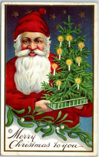 Vintage Christmas Postcard Santa Claus & Xmas Tree W/ Lit Candles Stecher 61a