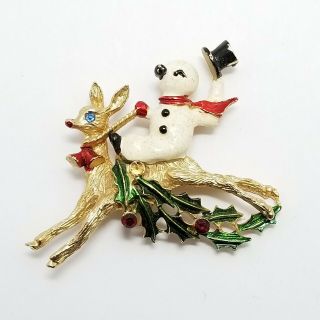 Vintage Unsigned Snowman Riding Reindeer Enamel Christmas Holiday Brooch Pin