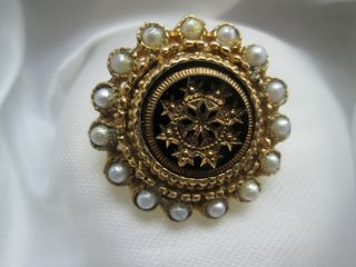 Vintage Victorian Style Faux Pearl Jet Inset Mourning Gold Tone Brooch Pin
