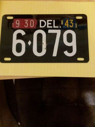 Delaware 1943 Porcelain License Plate With Tabs
