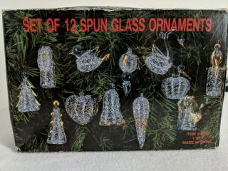 Vintage Set Of 11 Spun Glass Christmas Ornaments With Gold Trim