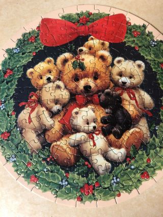 Teddy Bear Christmas 150 Piece 12 " Round Jigsaw Puzzle Vintage Current Wreath