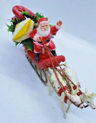 Vintage Hong Kong Plastic Blow Mold Santa Sleigh & Reindeer Christmas Decoration