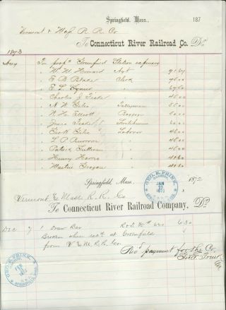 1872 1873 Connecticut River Railroad Co Invoices To Vermont Massachusetts Rr Co