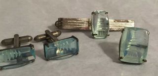 Vintage Silver Toned & Carved Glass Tie Clip Bar,  Cufflinks & Pin Set - Signed