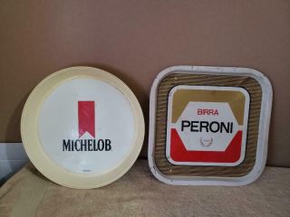 Vintage Beer Trays Michelob & Birra Peroni Metal Tray