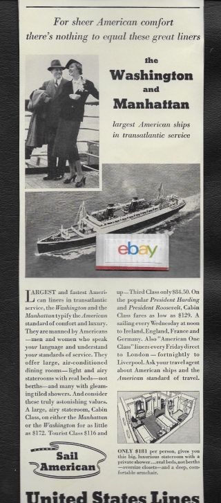 United States Lines Ss Manhattan & Ss Washington Largest American Ships 1938 Ad