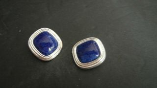 Vintage Signed Christian Dior Earrings Clip On Silver Metal And Blue Like Lapis