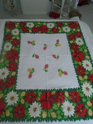 Vintage Christmas Table Cloth 42 " X 51 " White,  Green Red Poinsettas