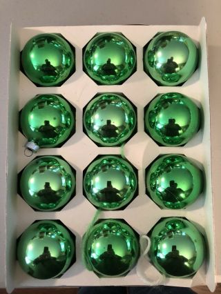 Box Of 12 Vintage Noelle Glass Christmas Ornaments 2 1/4 " Wide - Green