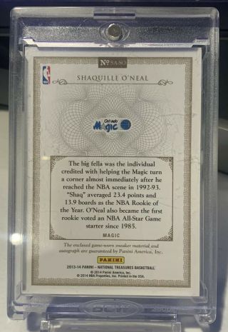 2013 - 14 National Treasures Shaquille O’Neal Auto Game Shoe Swatch /60 2