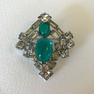 Vintage Rhinestone Brooch With Two Large Green Cabochon Stones