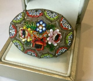 Vintage Art Deco Jewellery Micro Mosaic Oval Floral Brooch Dress Pin 2