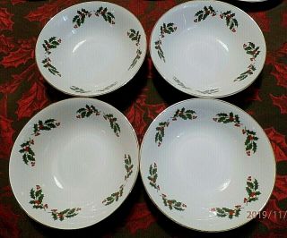 Vintage " Christmas Holly " Fine Porcelain Japan - Set Of 4 Cereal Bowls 6 1/4 "