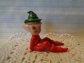 Elf Pixie Figurine Red Suit Green Hat Elves Artmark? Japan Vintage Ceramic