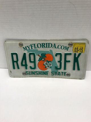 Florida State License Plate Double Orange W/blossoms R49 3fk With 2015 Sticker