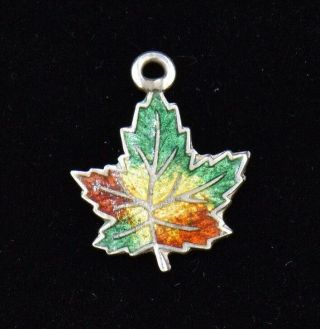 Vintage Green Yellow Red Maple Leaf Guilloche Enamel Sterling Silver Charm 925