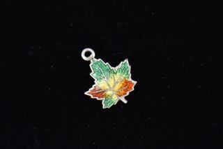 Vintage Green Yellow Red Maple Leaf Guilloche Enamel Sterling Silver Charm 925 2