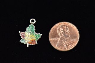 Vintage Green Yellow Red Maple Leaf Guilloche Enamel Sterling Silver Charm 925 3