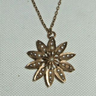 Vintage Gold Tone Star Pin/pendant W/faux Pearls On A Gold Tone Chain