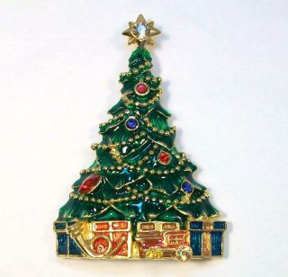 13 Vtg Signed " Christopher Radko " Rhinestone & Enamel Christmas Tree Pin Brooch