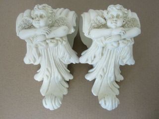 2 Vtg Ivory Resin Cherub Wall Sconces Curtain Rod Holders Victorian Cottage
