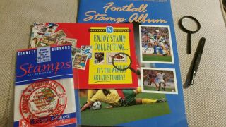 Vintage Stamp Album & Stamps Football By Stanley Gibbons Magnifier Tweezers