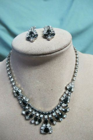 Vintage Black & Clear Rhinestone Necklace With Matching Clip On Earrings