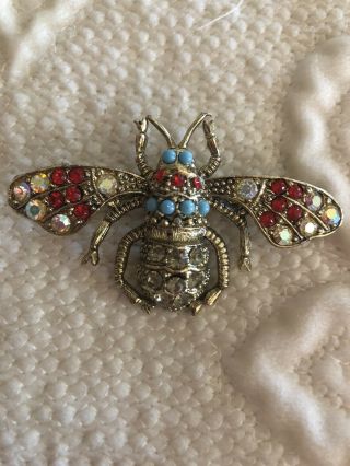 Vintage Estate Gold Tone Rhinestone Flying Bug Insect Brooch Pin Red Turquoise