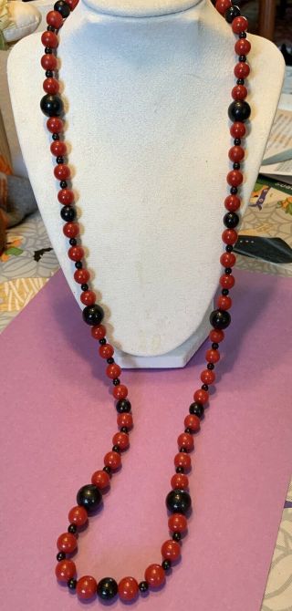 Vintage Monet 36 Inch Red And Black Bead Necklace