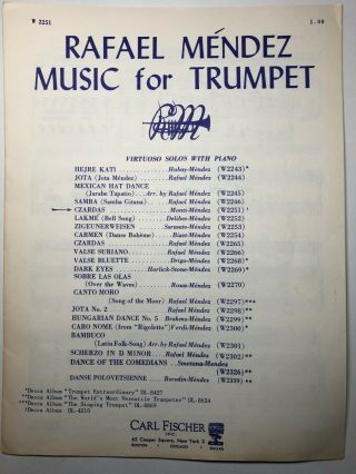Vintage Sheet Music 1953 Trumpet Piano " Czardas " Rafael Mendez