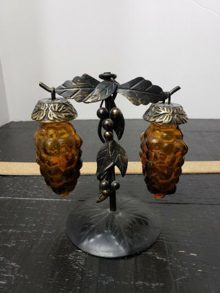 Vintage Hanging Amber Glass Grape Bunches On Metal Stand