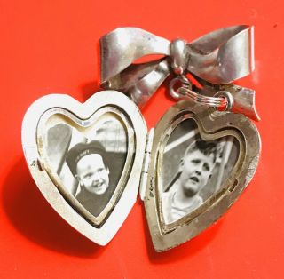 Vtg 925 Sterling Silver Heart Locket Brooch B&w Pictures Signed Bb