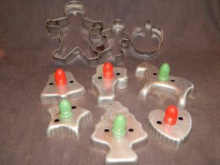 9 Vintage Christmas & Misc Cookie Cutters 5 Red Green Wood Handles Angel Pony