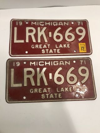 1971 Michigan Mi Pair License Plate Vintage Collectible Man Cave Auto Lrk - 669