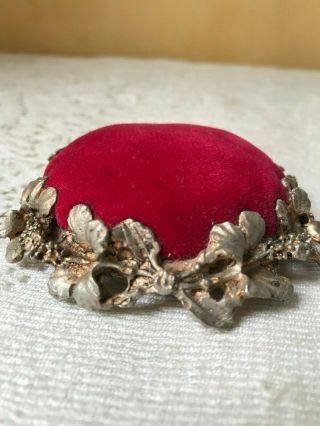 Vintage Ormolu Style Red Velvet Hat Pin Cushion Hibiscus Floral Motif Footed