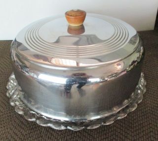 Vintage Footed Clear Glass Cake Plate With Aluminum Dome Cover Wood Knob 2 Piece
