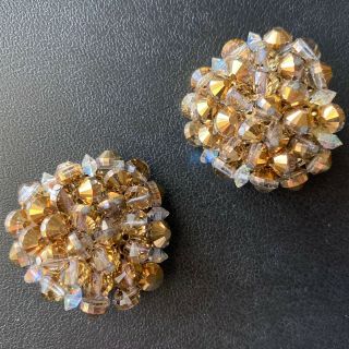 Signed Hobe Vintage Amber Glass Ab Crystal Cluster Bead Clip Earrings 788