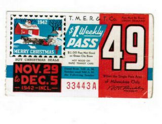 Milwaukee Railway Transit Ticket Pass Nov 29 - Dec 5 1942 Buy Christmas Seals